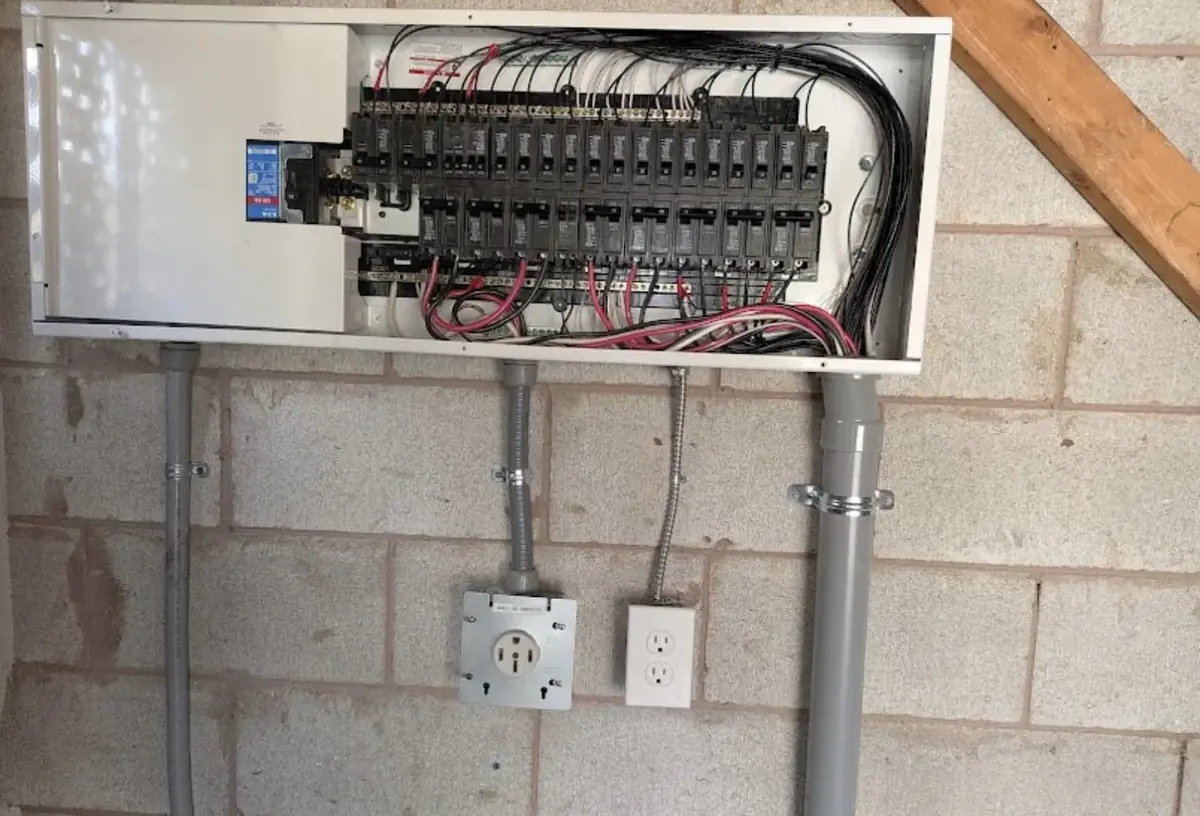 Wall-mounted load centre on a concrete block wall with the cover off, a row of breakers, and two conduits dropping to a four-prong 240 V receptacle and a duplex receptacle